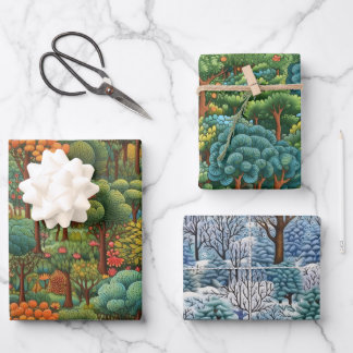 Seasonal Forest Scenes: Winter, Summer & Autumn Wrapping Paper Sheet