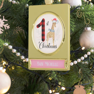 Seasonal Giraffe Baby 1st Christmas Name Keepsake  Gold Plated Banner Ornament