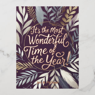 Seasonal Greeting Purple Wreath Foil Invitation Postcard