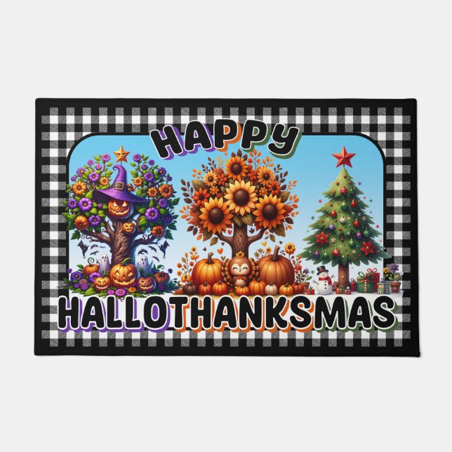 Seasonal Halloween Door Mat with "HalloThanksMas" (Front)