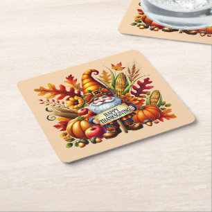 Seasonal Happy Thanksgiving gnome party Square Paper Coaster