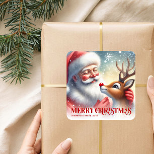 Seasonal Personalized Santa Rudolph Christmas Kids Square Sticker