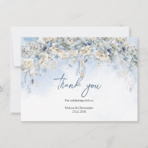 Seasonal powder blue flowers white roses greenery thank you card
