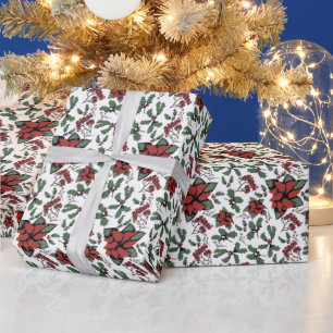 Seasonal Red Poinsettias and Berries White Wrapping Paper