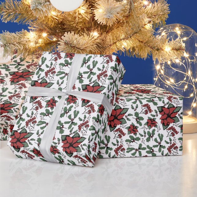 Seasonal Red Poinsettias and Berries White Wrapping Paper (Holidays)