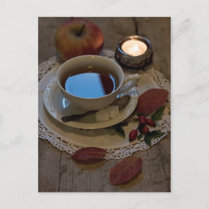 Seasonal rustic autmnal tea time leaves still life postcard
