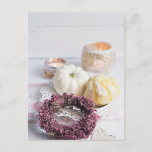 Seasonal rustic autumn candle & pumpkin still life postcard