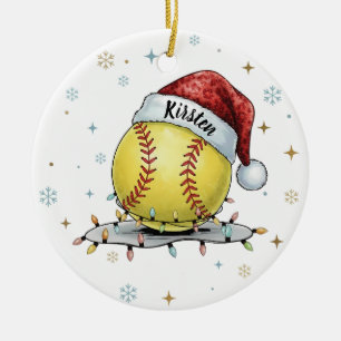 Seasonal Sparkle: Softball with Santa Hat  Ceramic Ornament