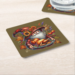 Seasonal Thanksgiving turkey gnome dinner Square Paper Coaster
