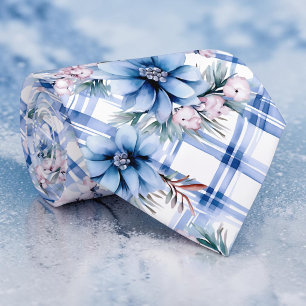 Seasonal Winter Blue Floral Pattern Necktie Tie