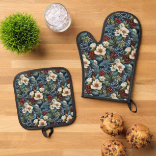Seasonal Winter flowers tiled pattern Oven Mitt & Pot Holder Set