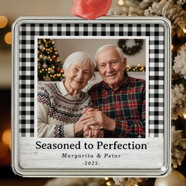 Seasoned to Perfection – Grandparents Photo Metal Ornament (Cozy gingham frame, rustic charm — “Seasoned to Perfection” holiday photo ornament design.)