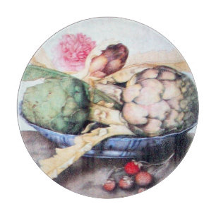 SEASON'S FRUITS 4- ARTICHOKES, ROSE & STRAWBERRIES CUTTING BOARD