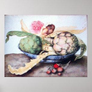 SEASON'S FRUITS 4- ARTICHOKES, ROSE & STRAWBERRIES POSTER