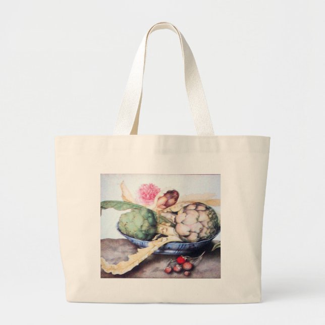 SEASON'S FRUITS ARTICHOKES, ROSE & STRAWBERRIES LARGE TOTE BAG (Front)