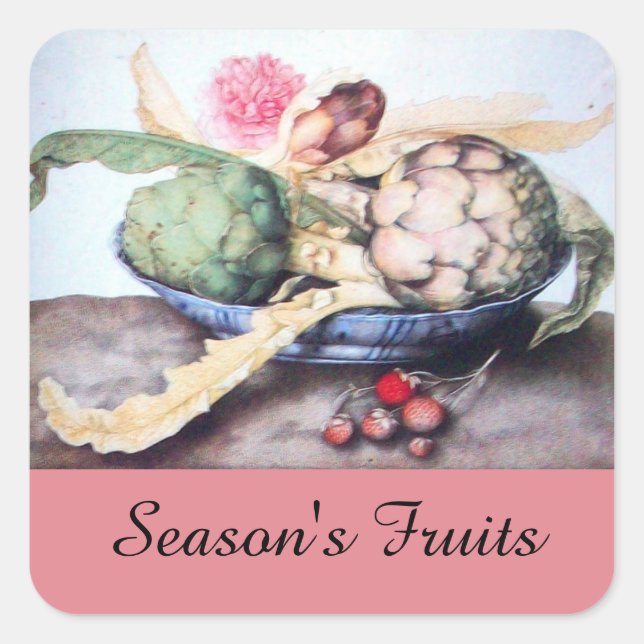 SEASON'S FRUITS / ARTICHOKES, ROSE & STRAWBERRIES SQUARE STICKER (Front)