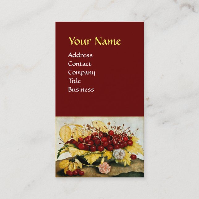 SEASON'S FRUITS / CHERRIES AND CARNATIONS,Red Business Card (Front)