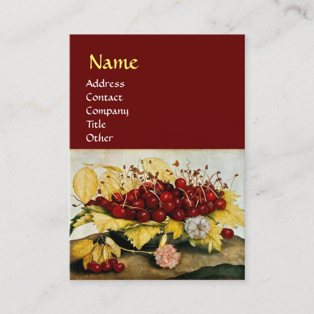 SEASON'S FRUITS / CHERRIES AND CARNATIONS, Red Business Card (Front)