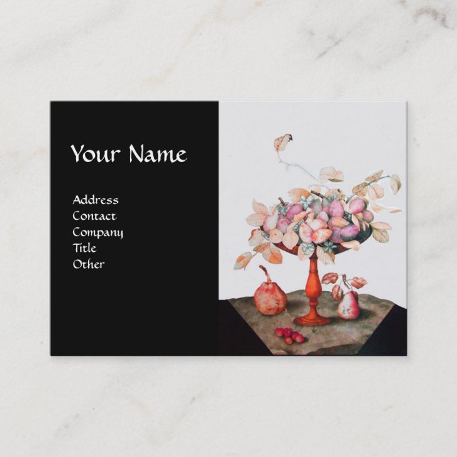 SEASON'S FRUITS FLOWERS,LEAVES MONOGRAM Pink Black Business Card (Front)