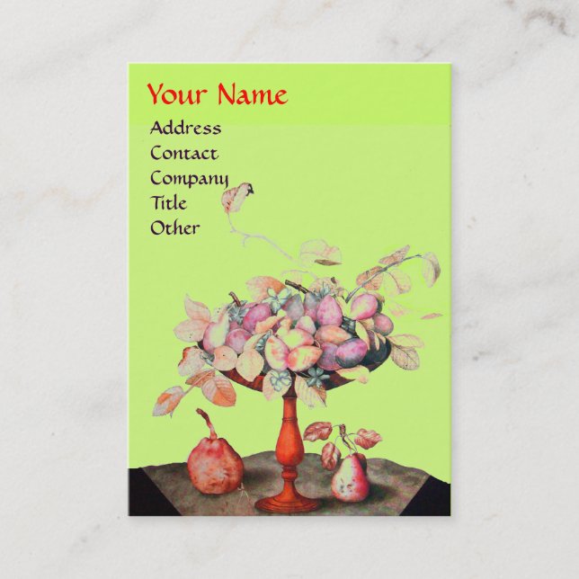 SEASON'S FRUITS FLOWERS,LEAVES MONOGRAM Pink Green Business Card (Front)