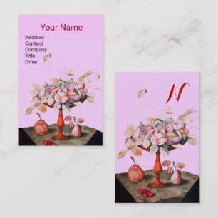 SEASON'S FRUITS FLOWERS,LEAVES MONOGRAM Pink Lilac Business Card