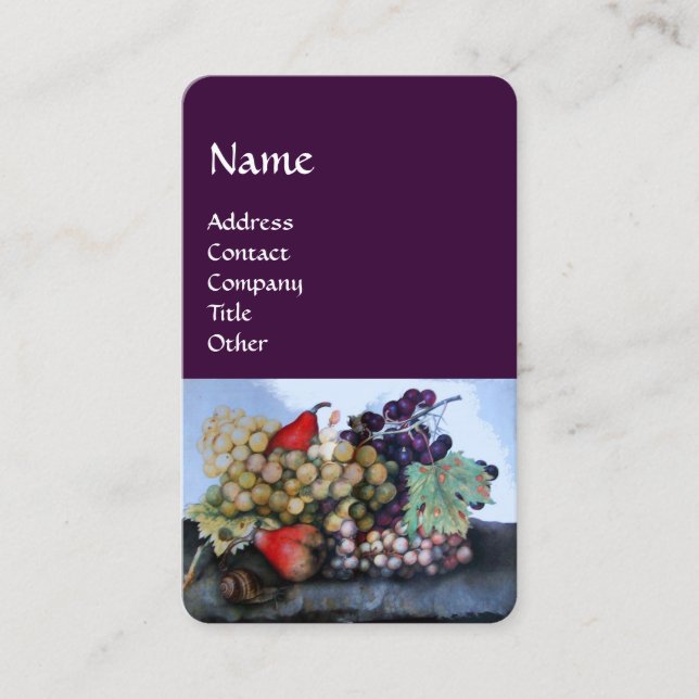 SEASON'S FRUITS,GRAPES AND PEARS Still Life Purple Business Card (Front)