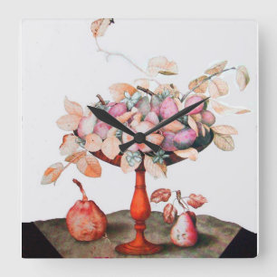 SEASON'S FRUITS JASMINES,PRUNES PEARS ,FRUIT BOWL SQUARE WALL CLOCK
