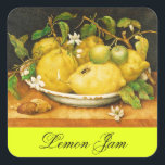 SEASON'S FRUITS LEMON JAM , PRESERVE ,CANNING JAR SQUARE STICKER<br><div class="desc">Green yellow lemons and white lemon flowers. A classical , fine  and elegant  still life collection  created with  digital elaboration of Renaissance miniatures from Florence.</div>
