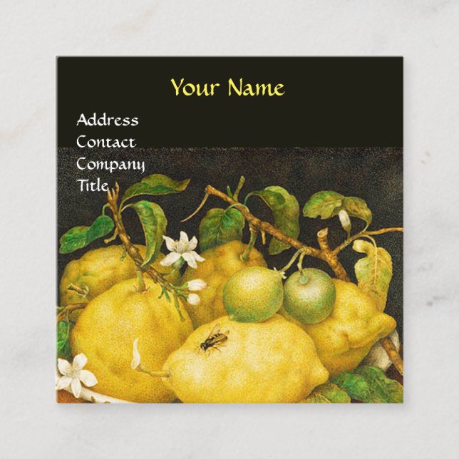 SEASON'S FRUITS, LEMONS AND WHITE FLOWERS Yellow Square Business Card (Front)