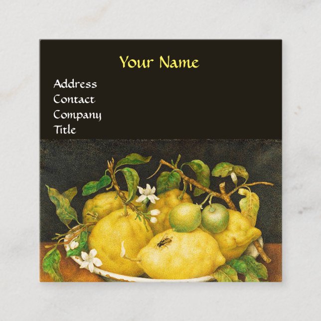SEASON'S FRUITS, LEMONS AND WHITE FLOWERS Yellow Square Business Card (Front)