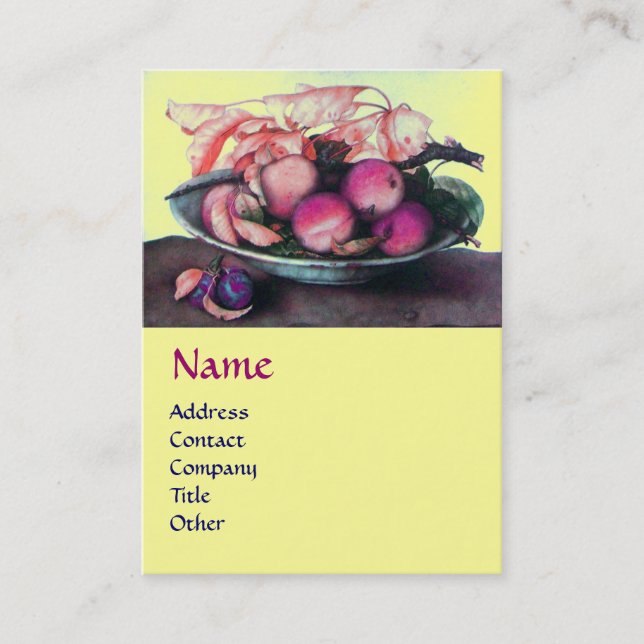 SEASON'S FRUITS Peaches,Prunes and Leaves Yellow Business Card (Front)