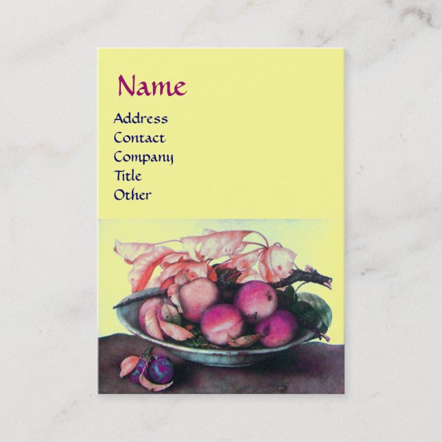 SEASON'S FRUITS Peaches,Prunes and Leaves Yellow Business Card (Front)