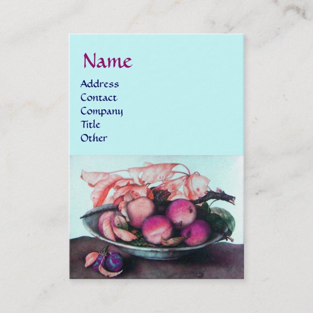 SEASON'S FRUITS Peaches,Prunes,Leaves Teal Blue Business Card (Front)