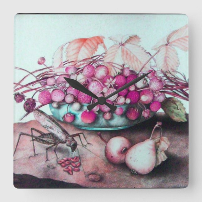 SEASON'S FRUITS ,STRAWBERRIES PEARS AND CICADA SQUARE WALL CLOCK (Front)
