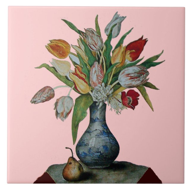SEASON'S FRUITS / TULIPS IN VASE AND PEAR CERAMIC TILE (Front)