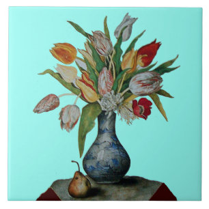 SEASON'S FRUITS /TULIPS IN VASE AND PEAR Teal Blue Ceramic Tile