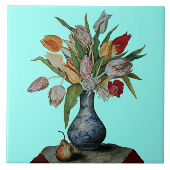 SEASON'S FRUITS /TULIPS IN VASE AND PEAR Teal Blue Ceramic Tile (Front)