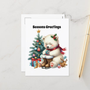 Seasons Greeting Christmas polar bear customisable Holiday Postcard