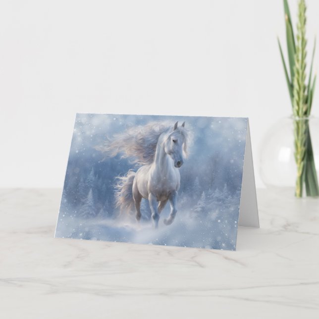 Seasons Greeting Country Horse in Snow Wavey Mane Holiday Card (Front)