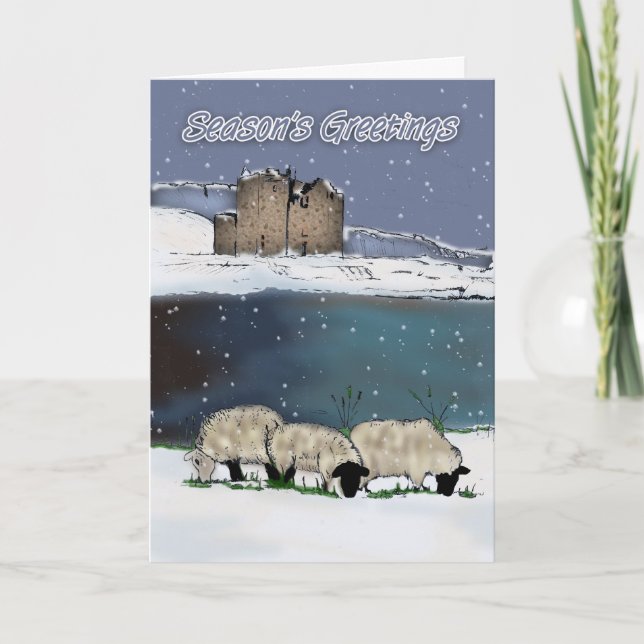 Season's Greeting Digital Painted Sheep And Scener Holiday Card (Front)