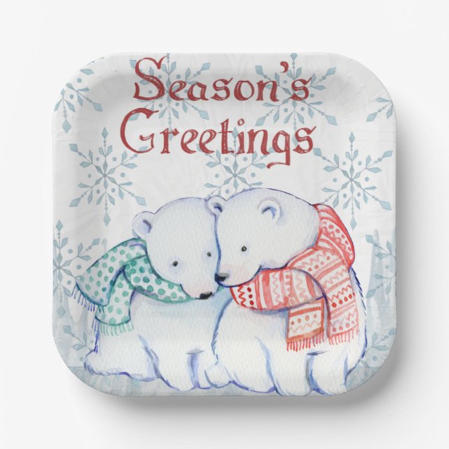 "Seasons Greeting Polar Bears" Paper Plate (Front)