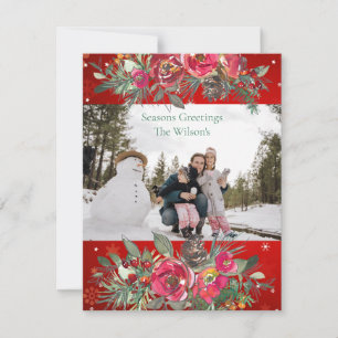 Seasons Greeting Red Green Pine Cones Bough Photo Holiday Card