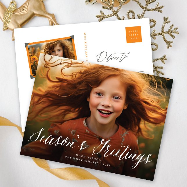 Season's Greeting Simple White Script Modern Photo Holiday Postcard (Creator Uploaded)