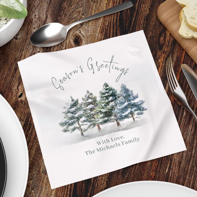 Season's Greeting Watercolor Christmas Trees Napkin (Season's Greeting party custom napkin. )