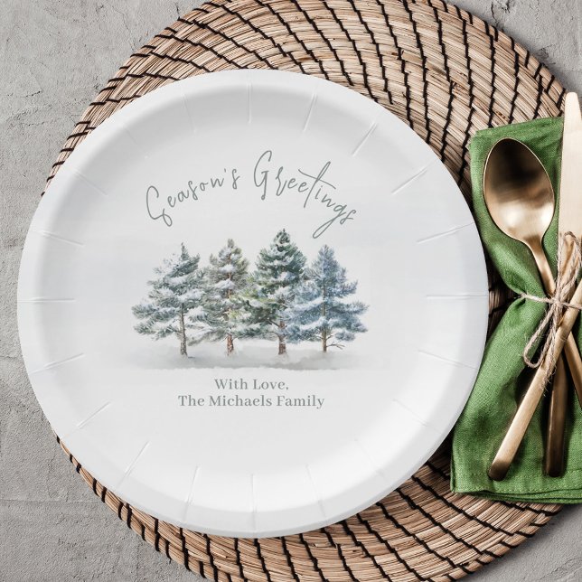 Season's Greeting Watercolor Christmas Trees Paper Plate (Season's Greeting Custom party paper plate. )