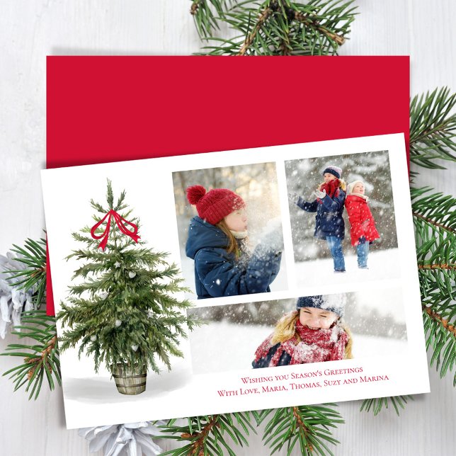 Season's Greeting Watercolor Photo Collage Holiday Card (Watercolor Christmas Trees simple multi photo card)
