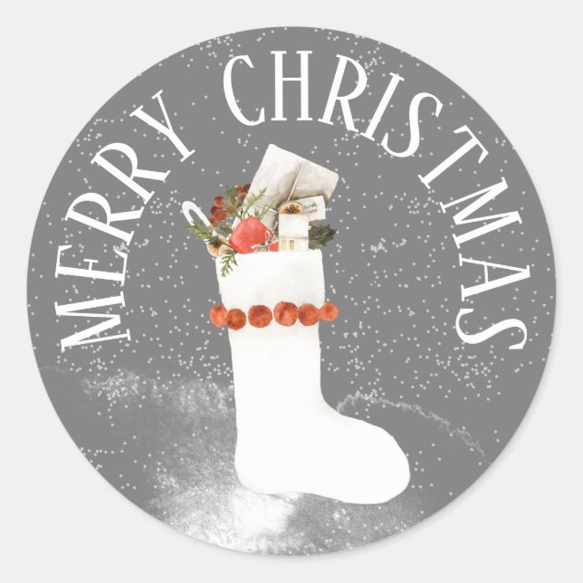SEASONS GREETING WHITE CHRISTMAS STOCKING  CLASSIC ROUND STICKER (Front)