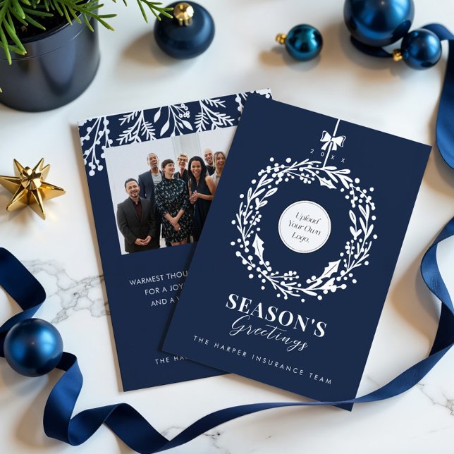 Season's Greeting Wreath Business Logo & Photo Holiday Card (Creator Uploaded)