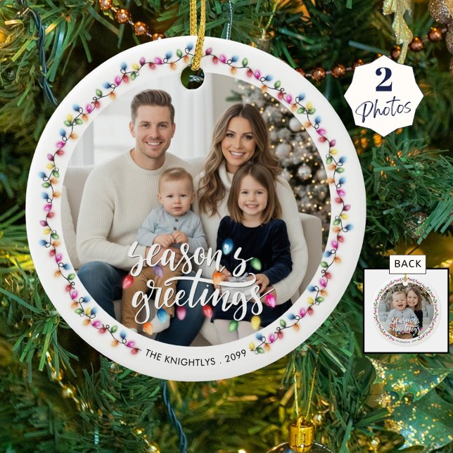 Seasons Greetings 2 Photos Christmas Lights Ceramic Ornament (Creator Uploaded)
