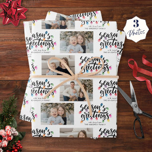Seasons Greetings 3 Photos Christmas Lights Name Wrapping Paper Sheet